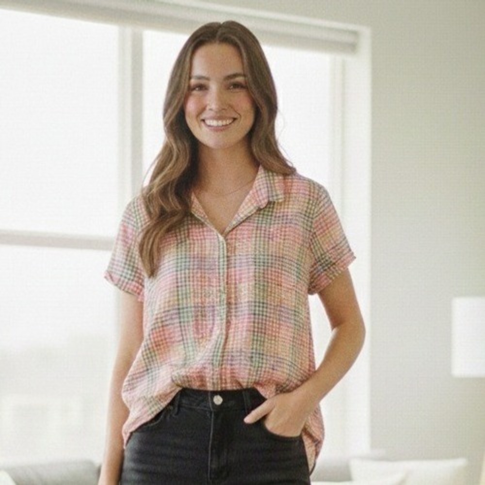 LL Bean Plaid Button Up Women's Pink Green Short Sleeve Casual Top - Size XL‎